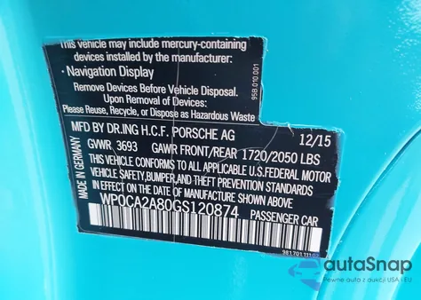 2016 Porsche Boxster Black Edition из США, поврежденный, VIN WP0CA2A80GS120874